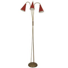 Tall Red, Enamel and Brass Italian Floor Lamp