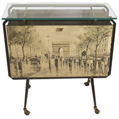 Italian Black Enamel Painted Bar Cart, Arc de Triomphe