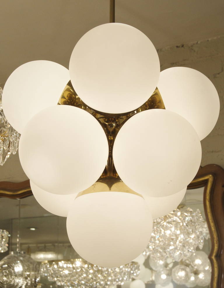 Rare Pyramid Form Molecular Chandelier in Brass and Opal Glass