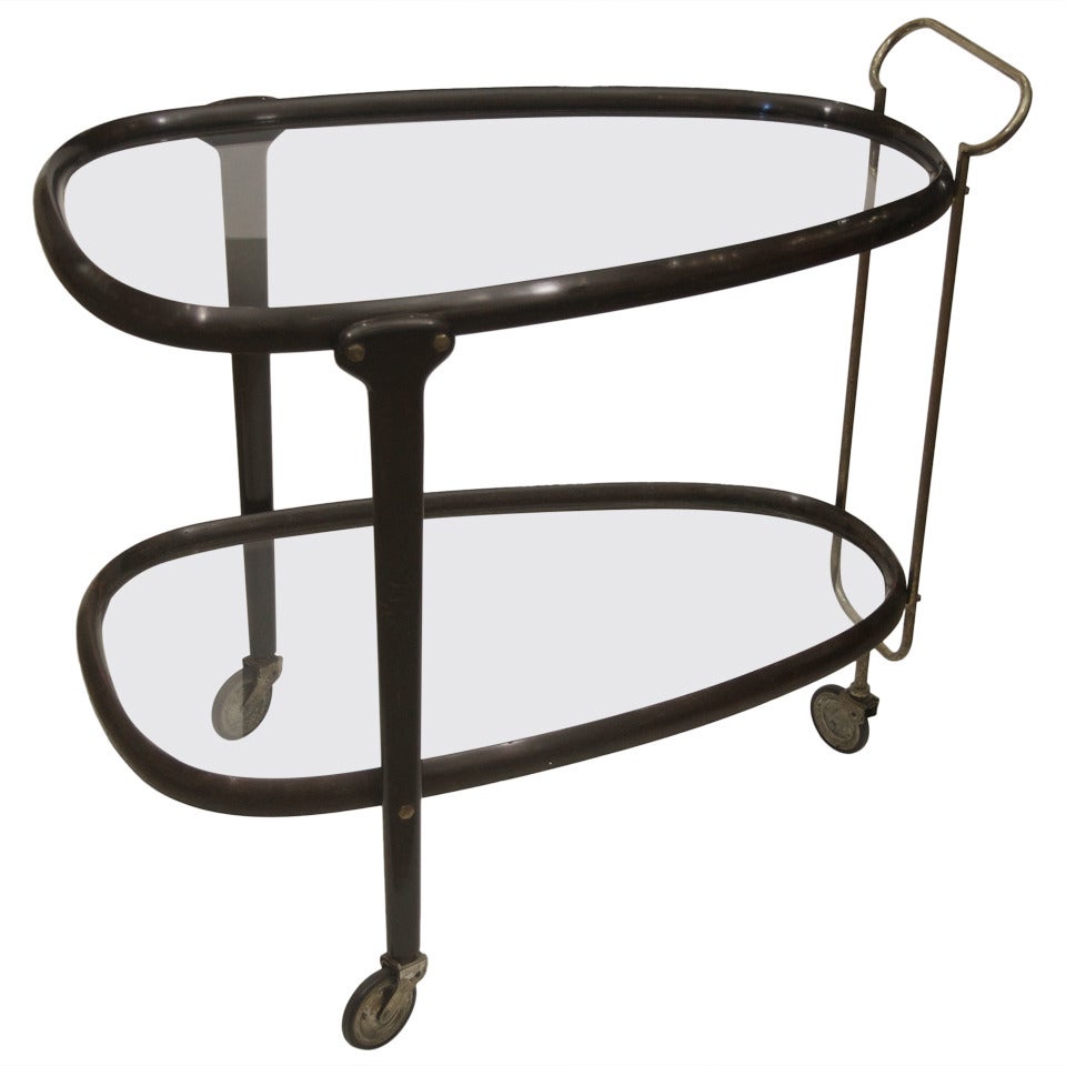 Excellent Italian Bent Wood Bar Cart with Brass and Glass