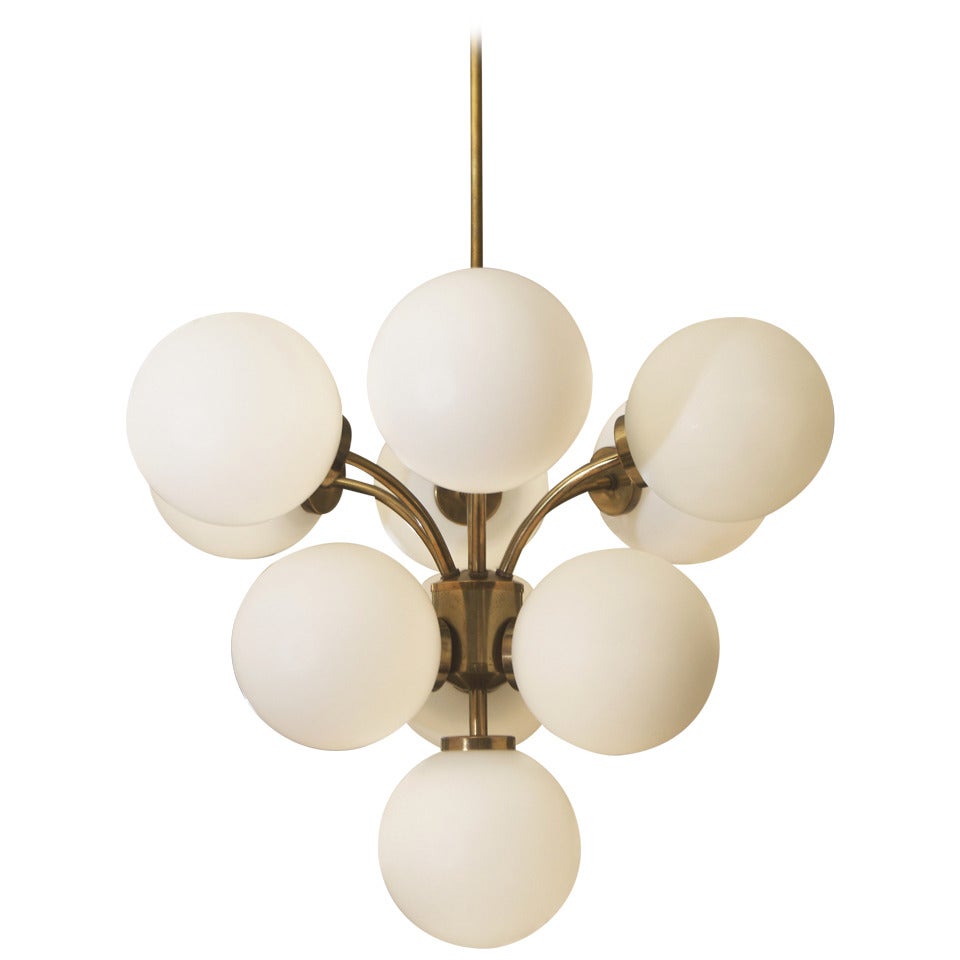 Large Pyramid Form Chandelier in Brass with Ten Opal Glass Globes