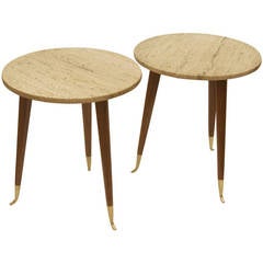 Pair of Mid-Century Side Tables with Polished Travertine Stone Top