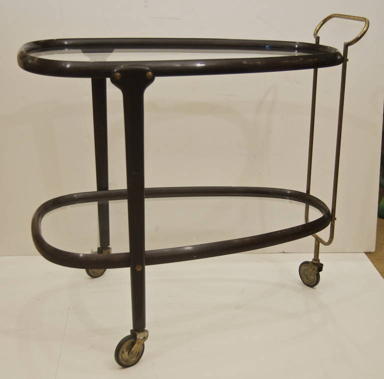 Mid-Century Modern Excellent Italian Bent Wood Bar Cart with Brass and Glass