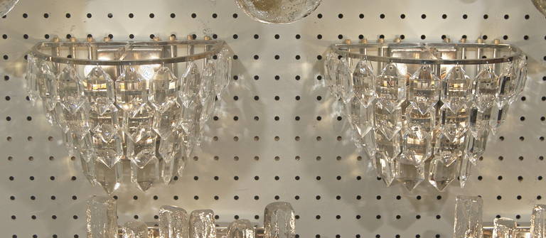 Mid-20th Century Multi-Tiered Silver-Plate Crystal Sconces