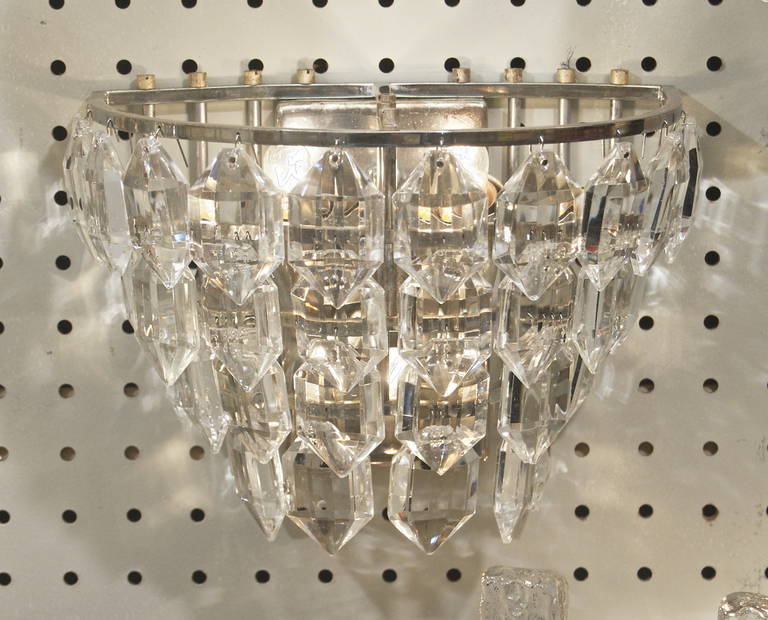 Mid-Century Modern Multi-Tiered Silver-Plate Crystal Sconces