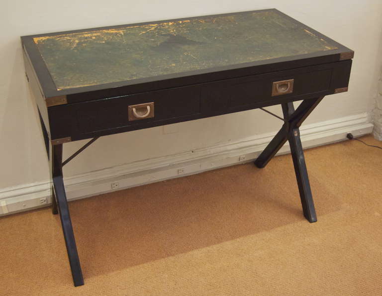 Mid-Century Modern Black Lacquer and Leather Campaign Desk