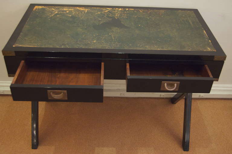 French Black Lacquer and Leather Campaign Desk