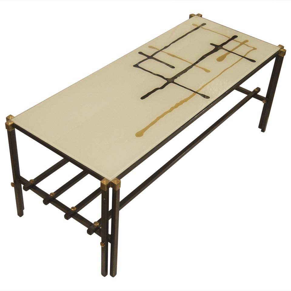 Italian Coffee Table in Metal and Glass with Reverse Painted Glass Top