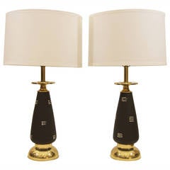 Pair of Black Enameled and Brass Table Lamps