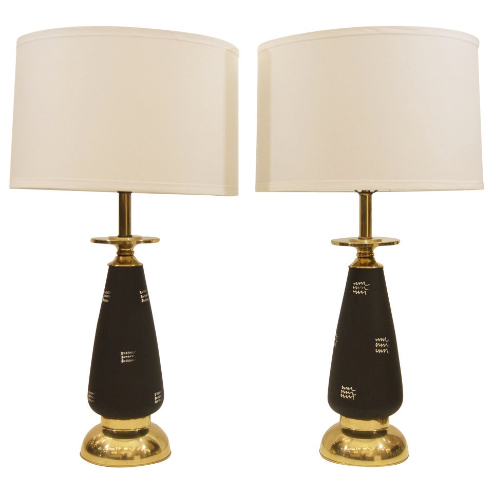 Pair of Black Enameled and Brass Table Lamps For Sale