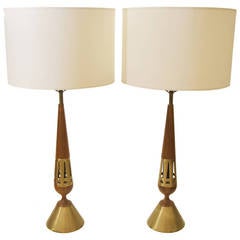 Vintage Pair of Tony Paul for Westwood Brass and Walnut Table Lamps