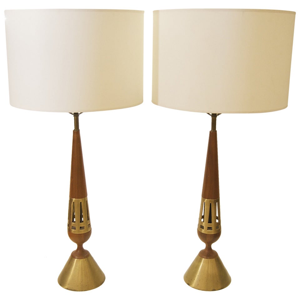 Pair of Tony Paul for Westwood Brass and Walnut Table Lamps For Sale