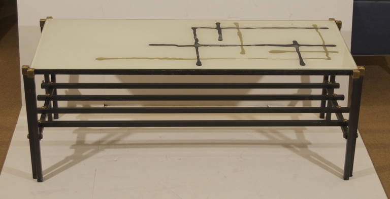 Mid-Century Modern Italian Coffee Table in Metal and Glass with Reverse Painted Glass Top