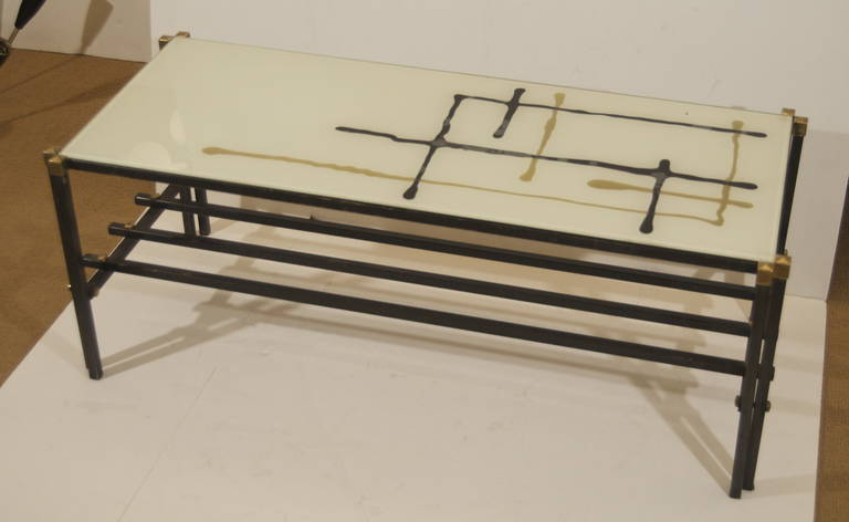 Italian Coffee Table in Metal and Glass with Reverse Painted Glass Top In Excellent Condition In Stamford, CT