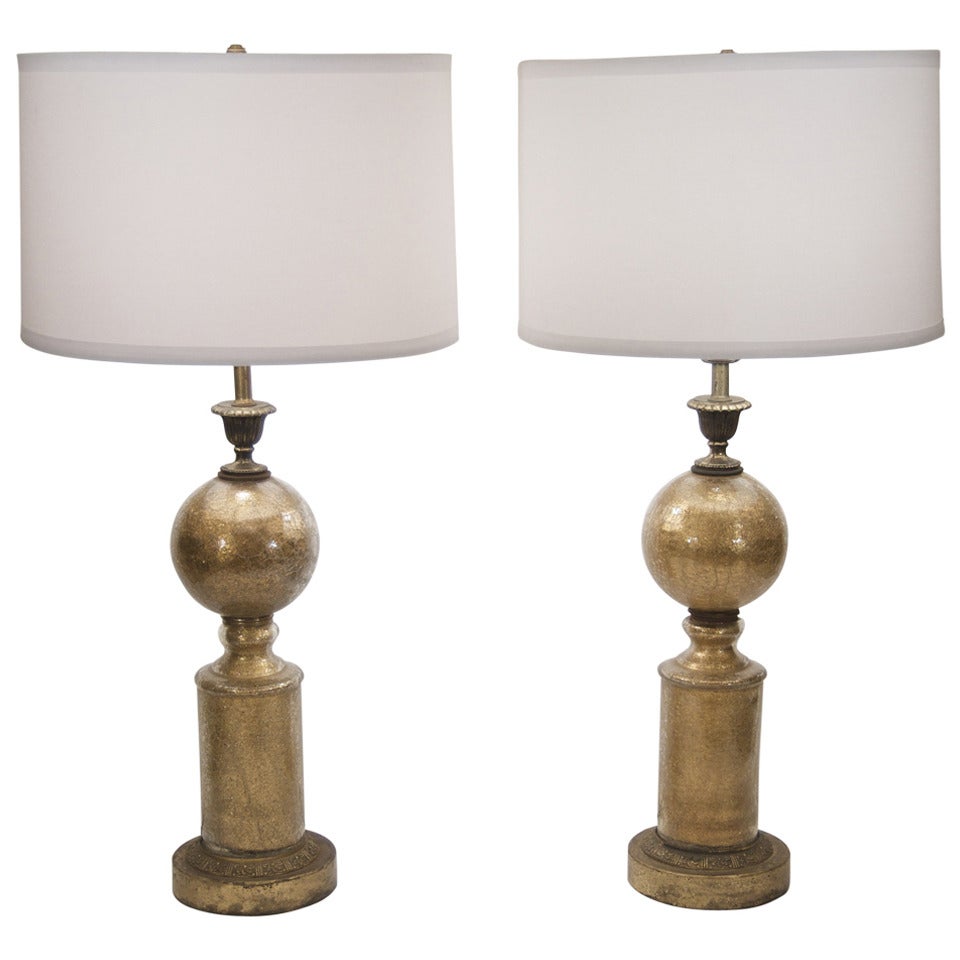 Pair of Eglomise Crackle Glass Table Lamps For Sale