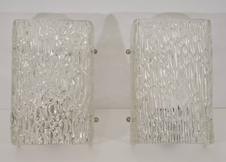 Mid-Century Modern Pair of Kalmar Ice Glass Sconces For Sale
