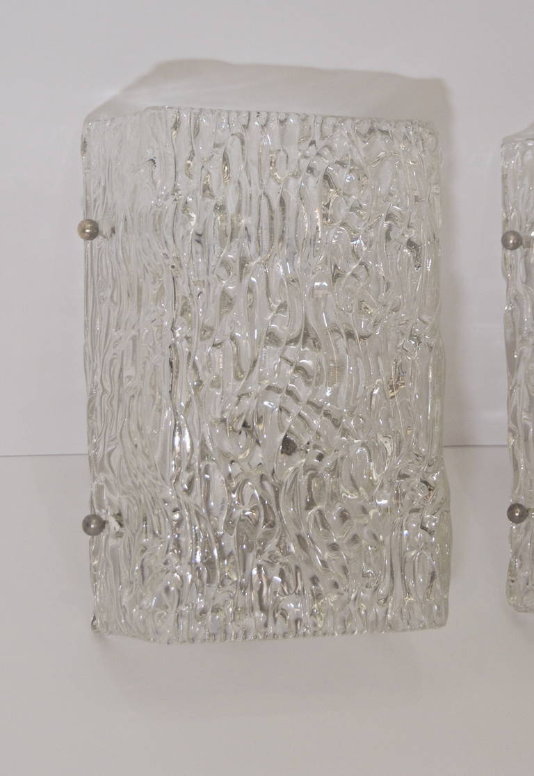 Mid-20th Century Pair of Kalmar Ice Glass Sconces For Sale