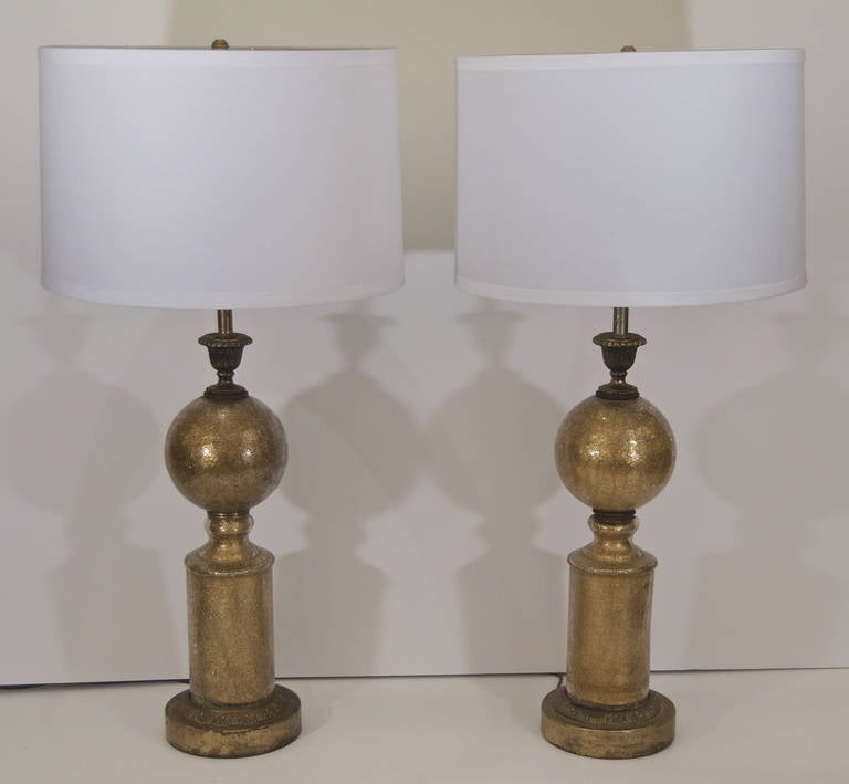 Mid-20th Century Pair of Eglomise Crackle Glass Table Lamps For Sale
