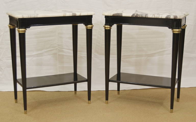French Two-Tier Directoire Style Side Tables with Black Lacquer and Brass