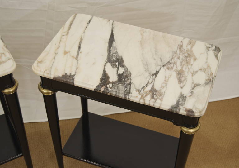 Marble Two-Tier Directoire Style Side Tables with Black Lacquer and Brass