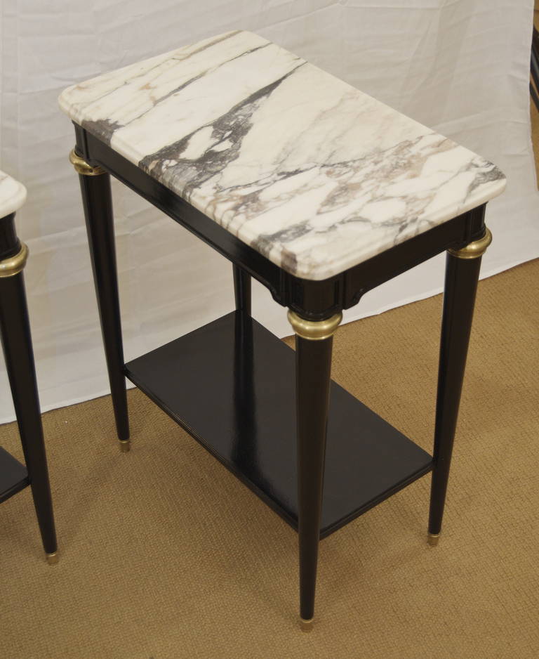 Mid-20th Century Two-Tier Directoire Style Side Tables with Black Lacquer and Brass