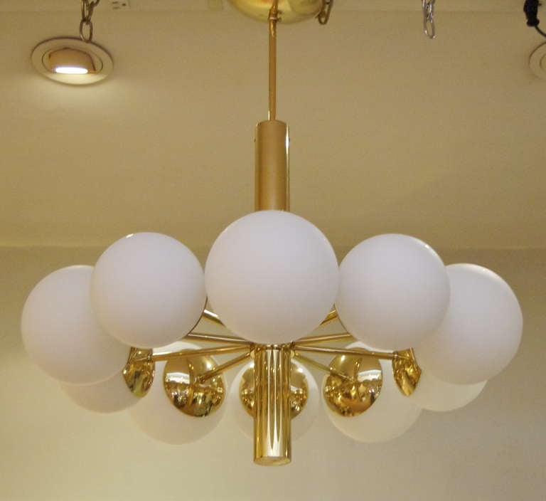 Mid-20th Century Elegant 10 Arm Radial Chandelier with Opal Glass Globes