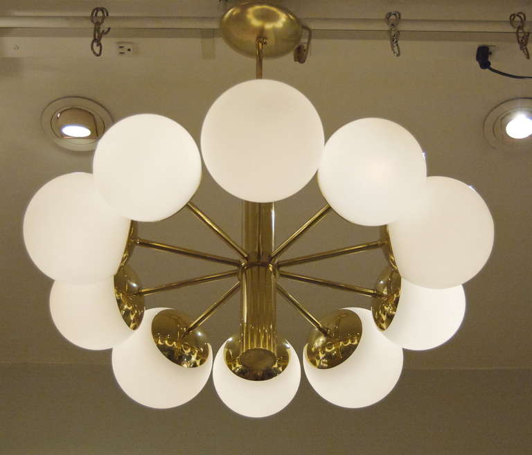 Mid-Century Modern Elegant 10 Arm Radial Chandelier with Opal Glass Globes
