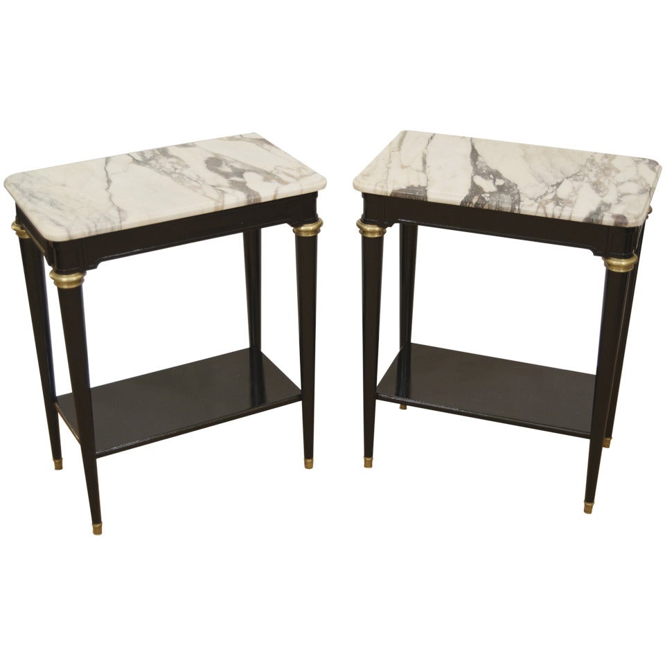Two-Tier Directoire Style Side Tables with Black Lacquer and Brass