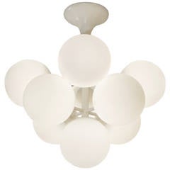 Rare Pyramid Atomic Chandelier in Brass with Opal Glass Globes