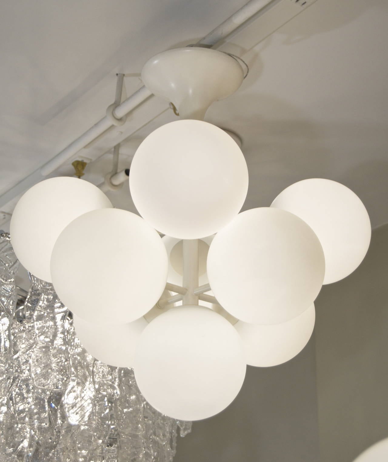 Rare Pyramid Atomic Chandelier in Brass with Opal Glass Globes