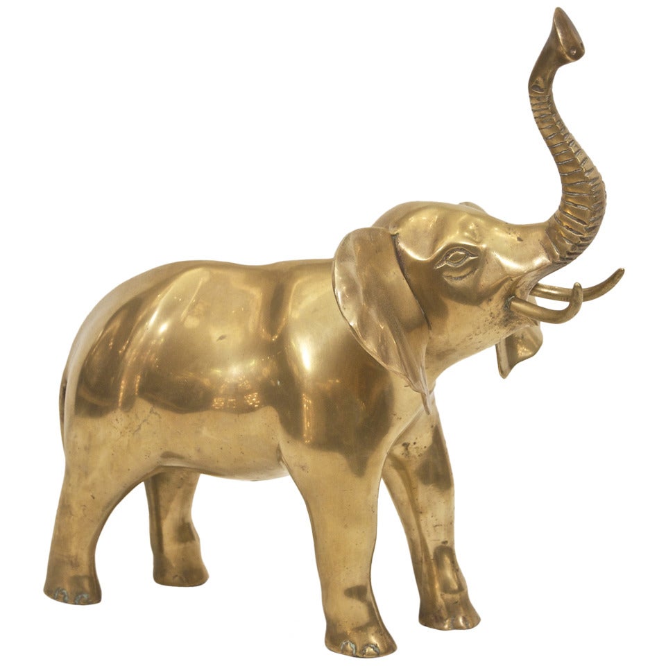 Elegant Large Brass Elephant with Roaring Trunk For Sale