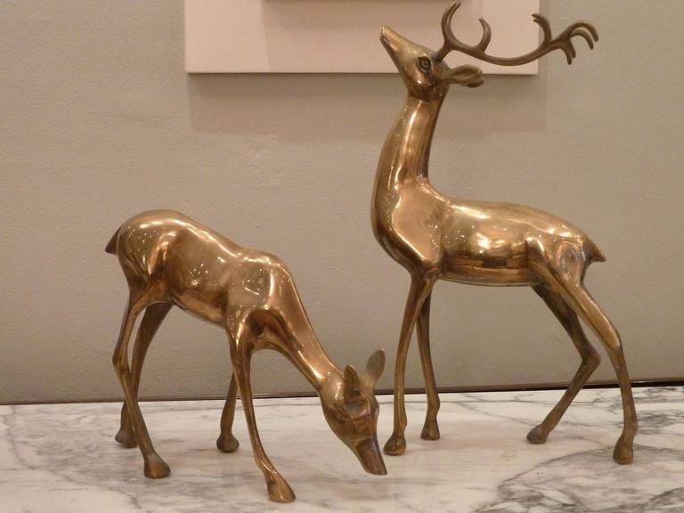 This is a wonderful set of brass deer in a much larger size than is typical.  Festive for the holidays but will look great all year round.
The second deer is 8