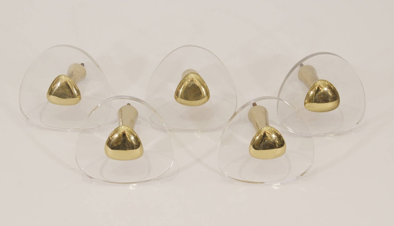 Set of 5 Modernist Aubock Style Lucite and Brass Coat Hooks