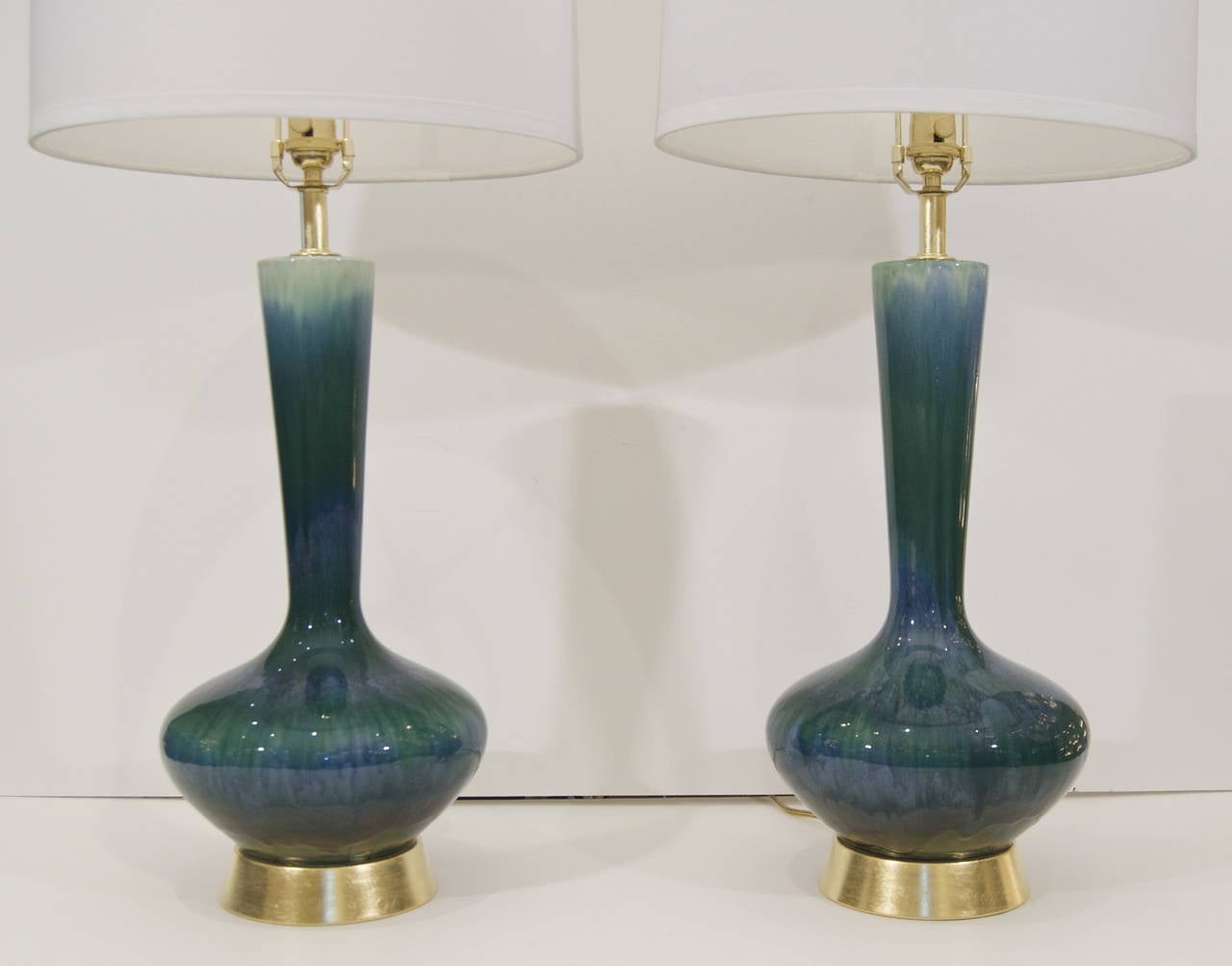 Mid-Century Modern Large Pair of Blue and Green Drip Glaze Lamps with Gilt Hardware