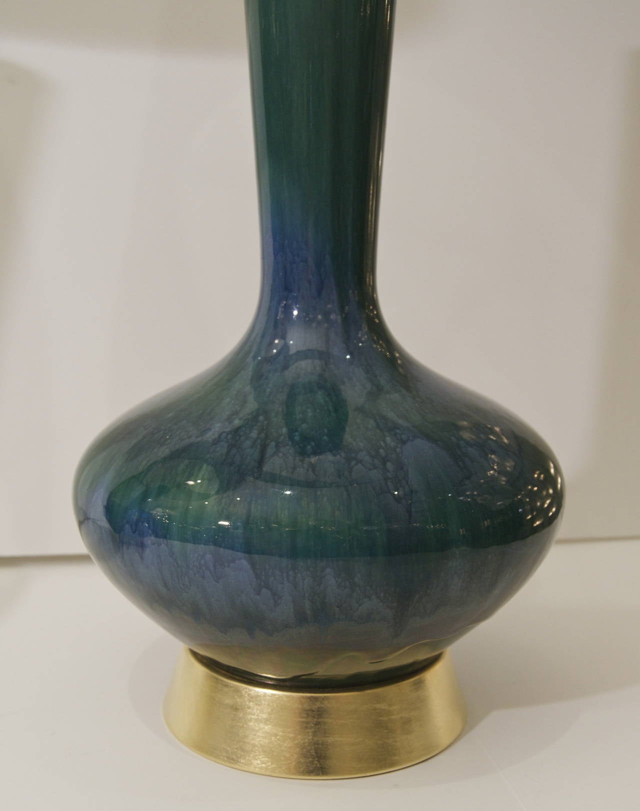Brass Large Pair of Blue and Green Drip Glaze Lamps with Gilt Hardware