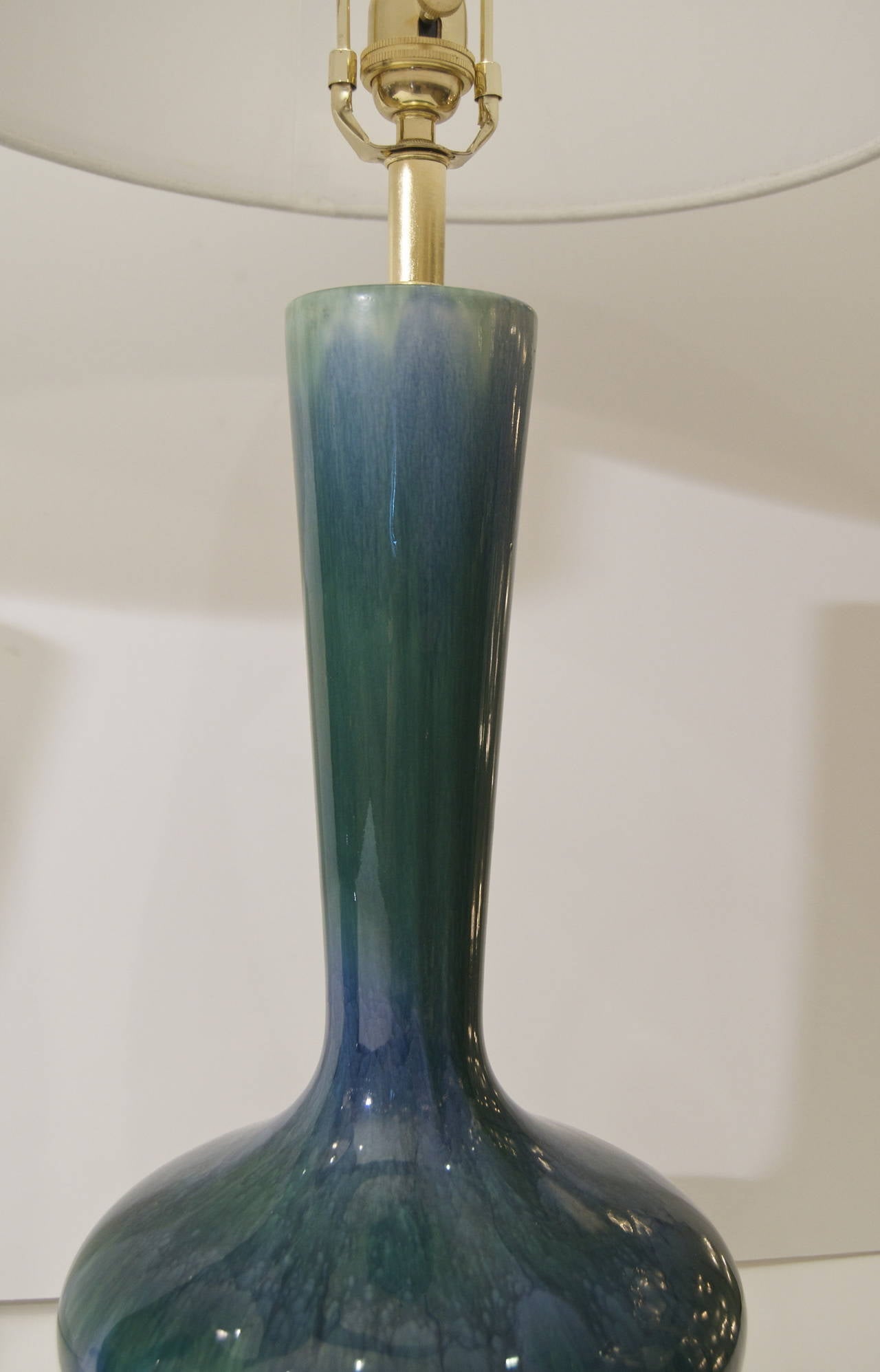 Mid-20th Century Large Pair of Blue and Green Drip Glaze Lamps with Gilt Hardware