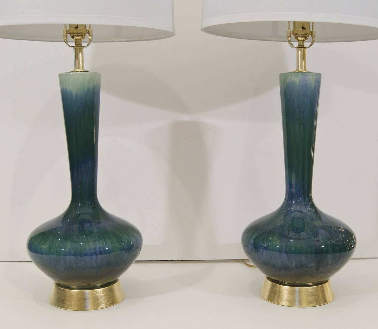 American Large Pair of Blue and Green Drip Glaze Lamps with Gilt Hardware