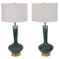Large Pair of Blue and Green Drip Glaze Lamps with Gilt Hardware