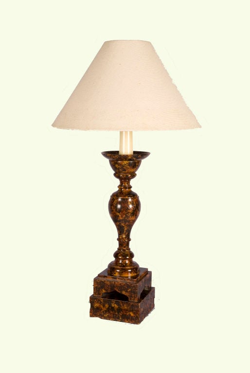 This large scale candlestick lamp is beautifully painted in a faux tortoise shell finish with a black block base.