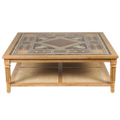 Cerused Mahogany Coffee Table with Inlaid Marble Top and Cane Shelf