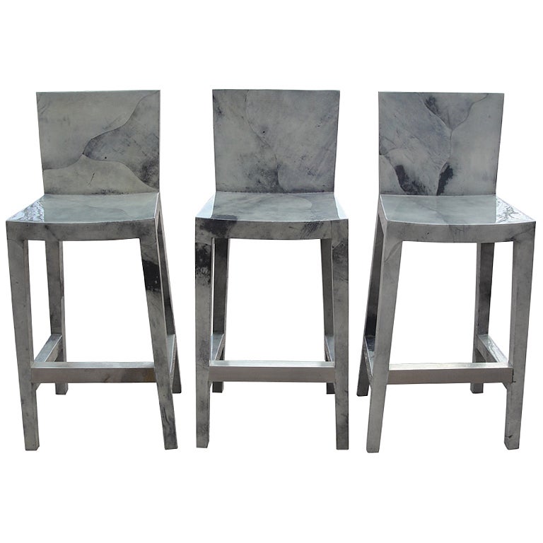 Set of Five (5) Karl Springer Grey Lacquered Goatskin Bar Stools