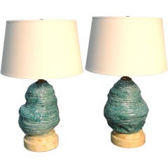 Vintage Pair of Turquoise Glazed Ceramic Beehive Lamps