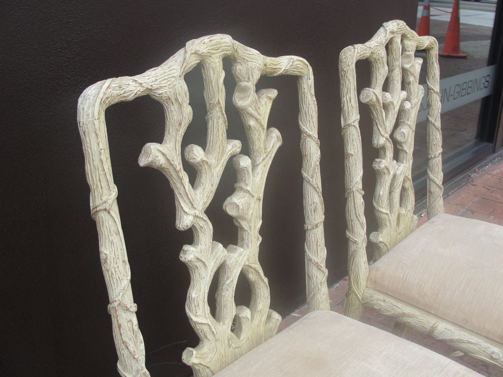Exceptional Pair of Carved Faux Bois Branch Side Chairs