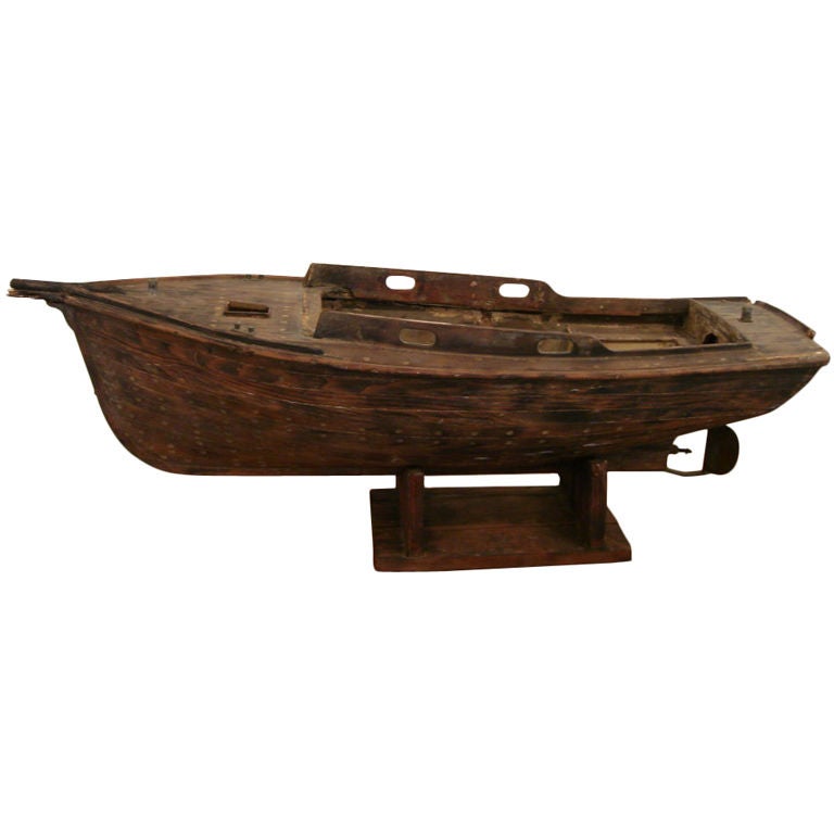 Early 20th C. Wooden Boat Model on Stand