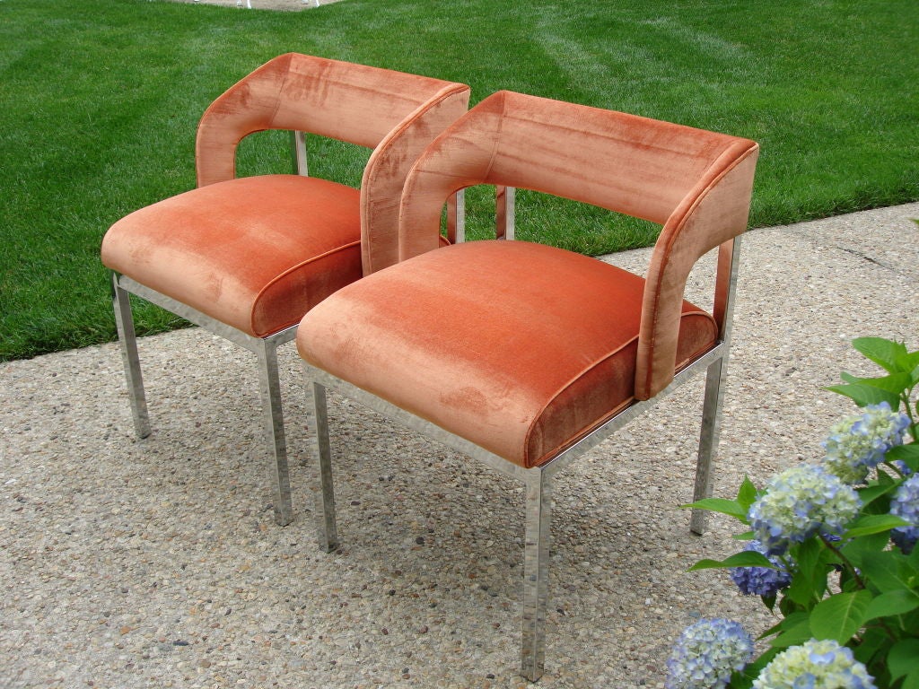 Pair of Stylish Chrome and Vintage Velvet Sidechairs