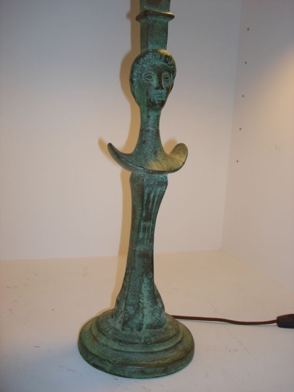 Argentine Tête de Femme Pair of Verdigris Bronze Sculptural Table Lamps