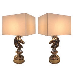 Pair of Knight Chess Piece Nickel over Brass Lamps