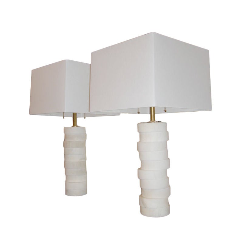 Produced by Baker, these extremely heavy and well crafted marble stacked disc lamps are stunning.  Brass finish interior with double sockets.m <br />
SHADES NOT INCLUDED.