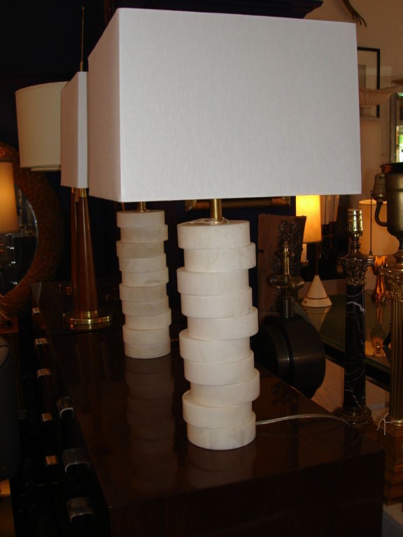 20th Century Pair of Stacked Marble Medallion Lamps