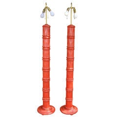 Pair of Carved Faux Bamboo Coral Toned Floorlamps